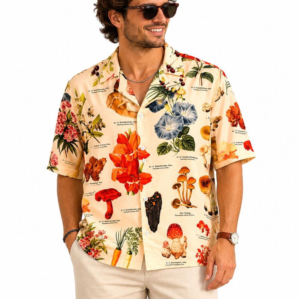 mnml Botanical Mushroom Floral Camp Shirt Mens 2XL Cottagecore Button Up Lined